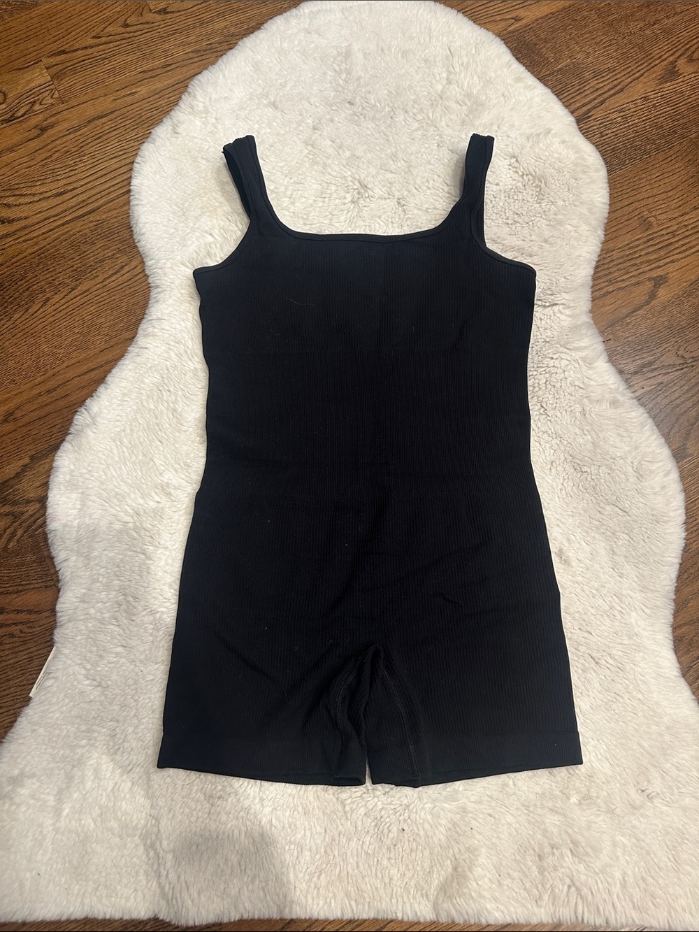 NWOT Black Ribbed Square-Neck Biker Short Romper